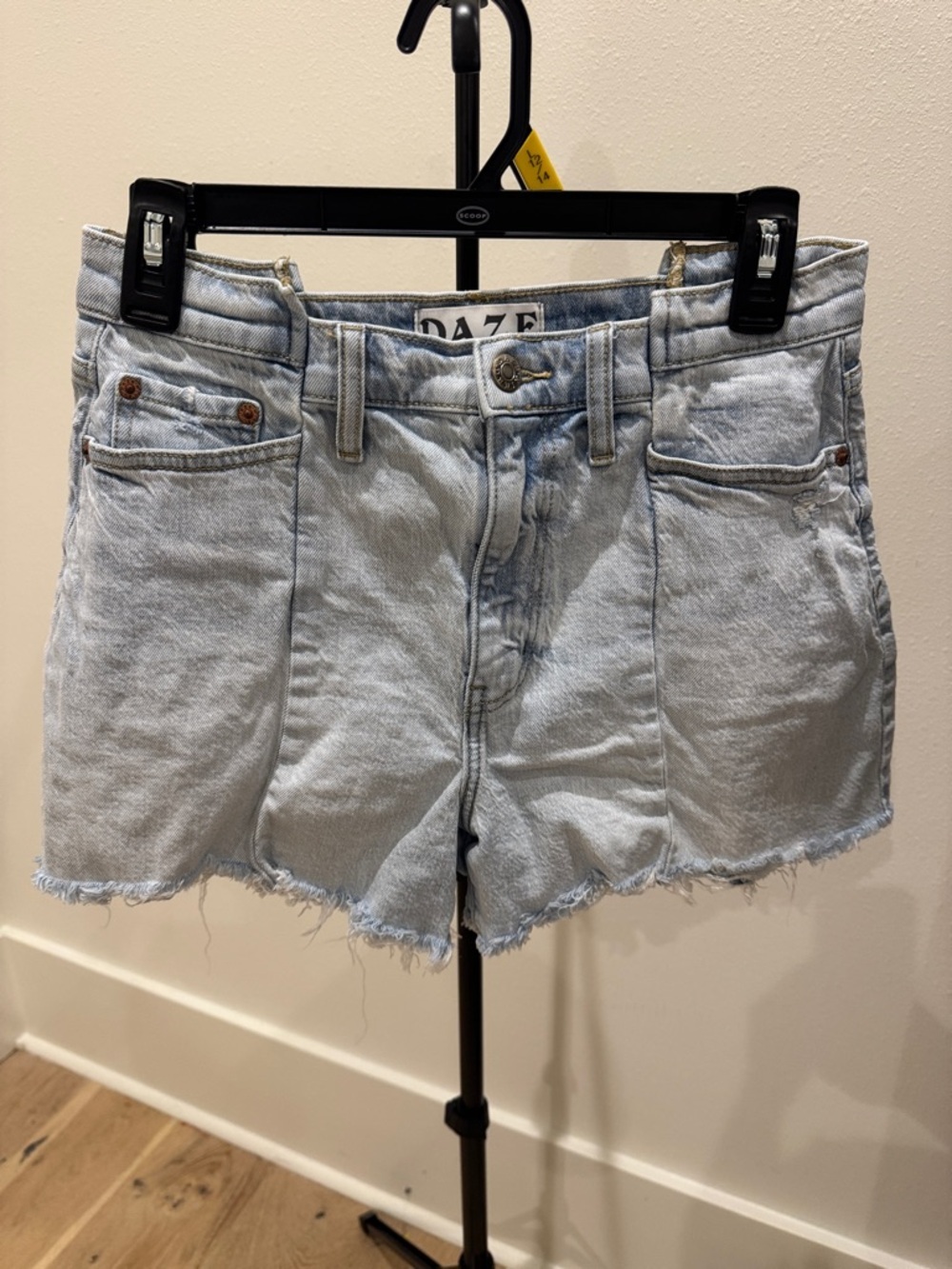 DAZE Light Wash High-Rise Frayed Hem Denim Shorts